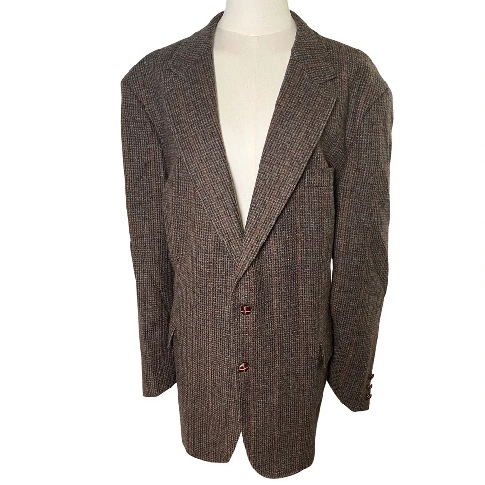 Vintage Wool Tweed Blazer‎ 46L Trophy Club Brown Plaid Academia Heritage Jacket